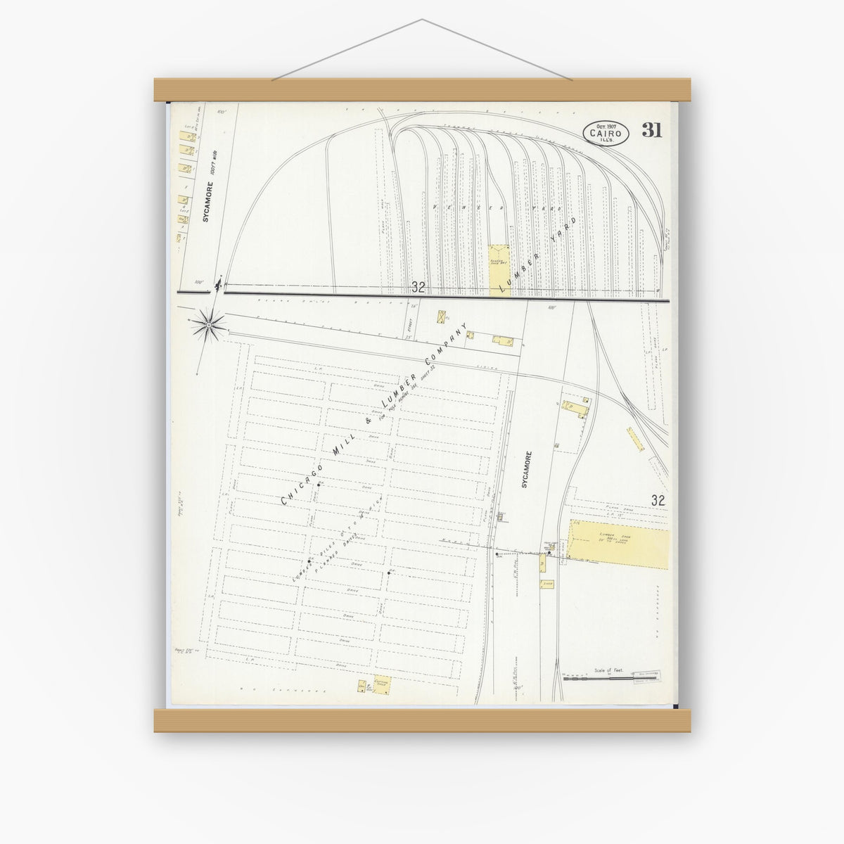 Old map wall art mockup — magnetic wood frame on white wall — Sanborn Fire Insurance Map from Cairo, Alexander County, Illinois (1907), Sheet #0031