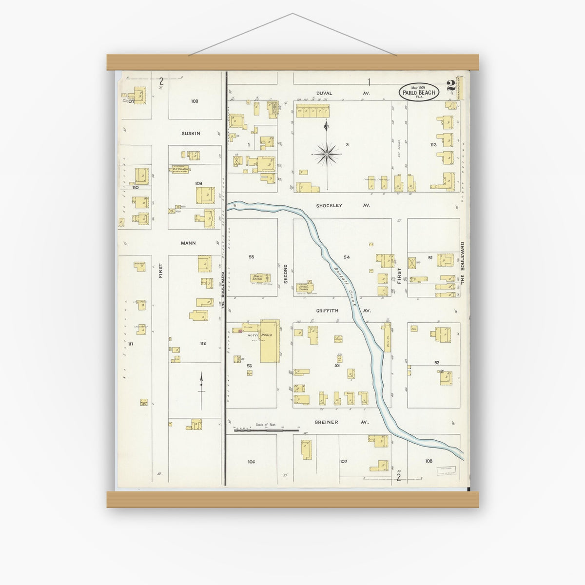 Old map wall art mockup — magnetic wood frame on white wall — Sanborn Fire Insurance Map from Pablo Beach, Duval County, Florida (1909), Sheet #0002
