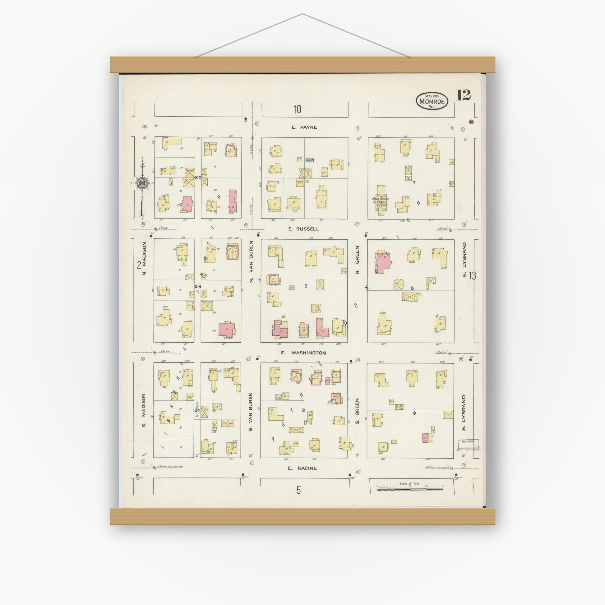 Old map wall art mockup — magnetic wood frame on white wall — Sanborn Fire Insurance Map from Monroe, Green County, Wisconsin (1915), Sheet #0012