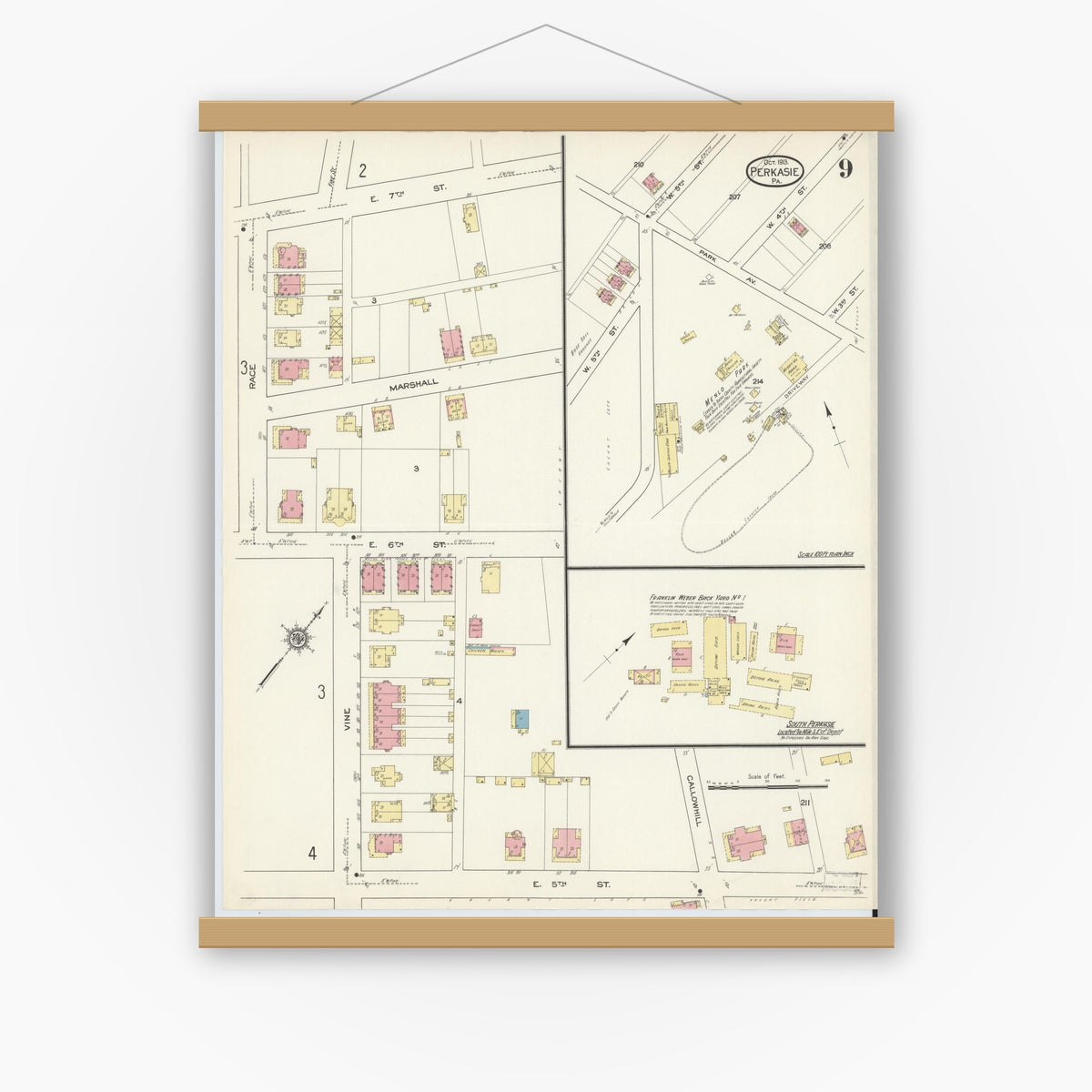 Old map wall art mockup — magnetic wood frame on white wall — Sanborn Fire Insurance Map from Perkasie, Bucks County, Pennsylvania (1913), Sheet #0009