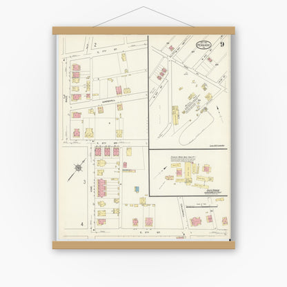 Old map wall art mockup — magnetic wood frame on white wall — Sanborn Fire Insurance Map from Perkasie, Bucks County, Pennsylvania (1913), Sheet #0009