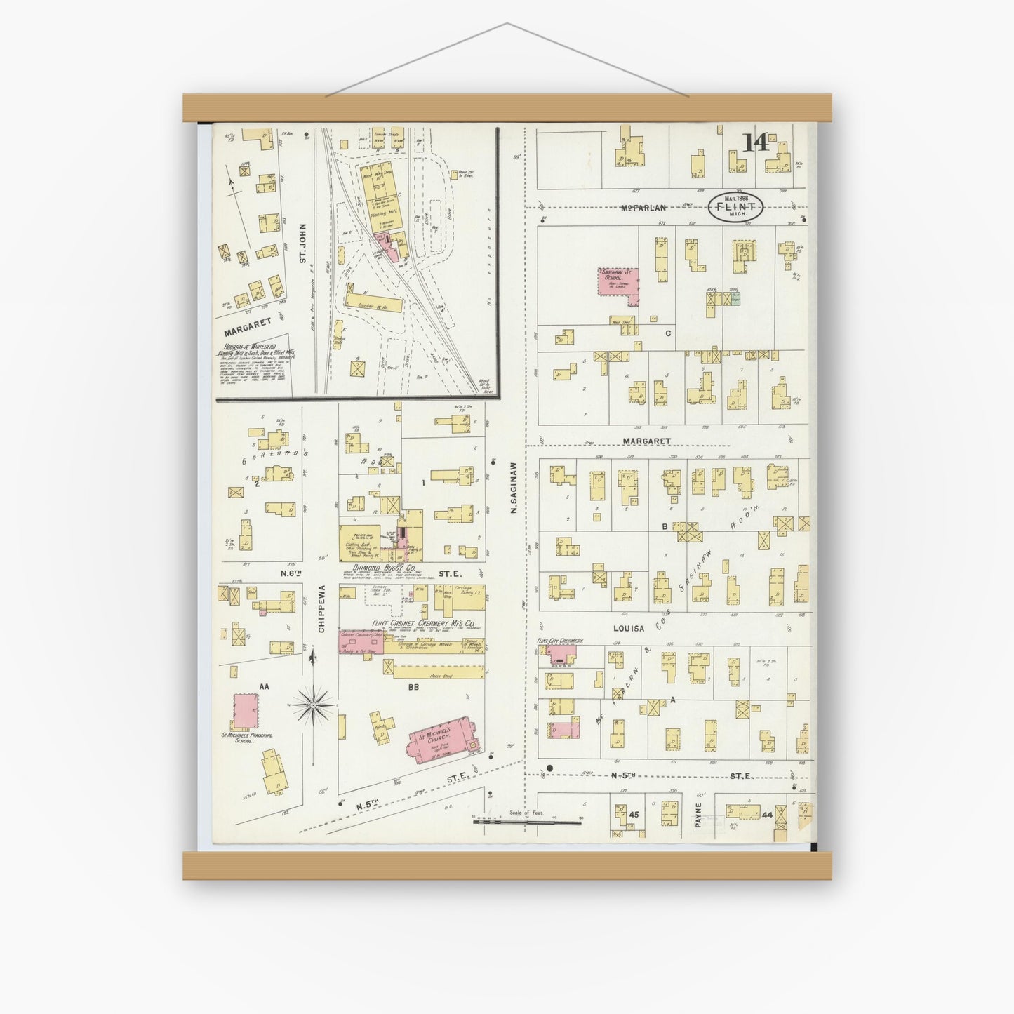 Old map wall art mockup — magnetic wood frame on white wall — Sanborn Fire Insurance Map from Flint, Genesee County, Michigan (1898), Sheet #0014