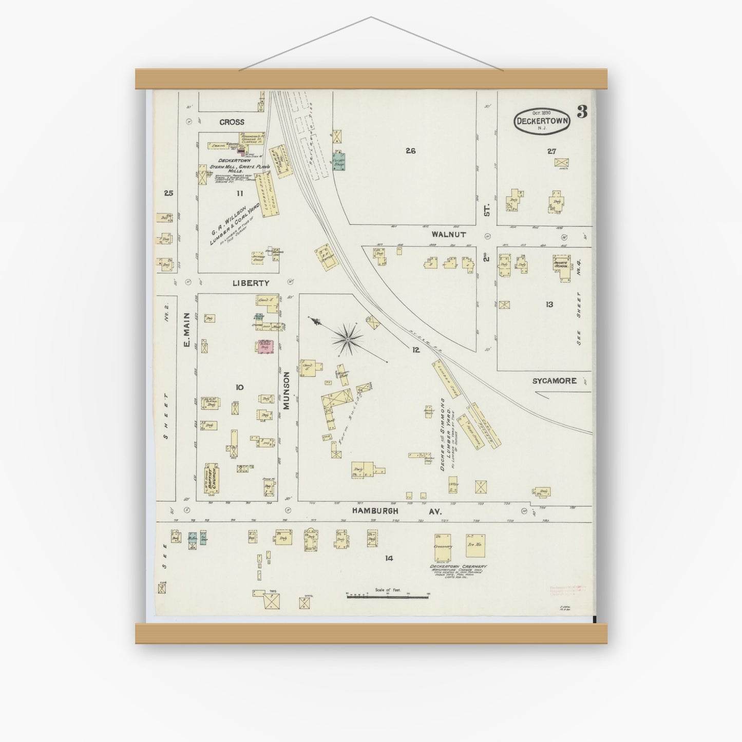 Old map wall art mockup — magnetic wood frame on white wall — Sanborn Fire Insurance Map from Deckertown, Sussex County, New Jersey (1890), Sheet #0003