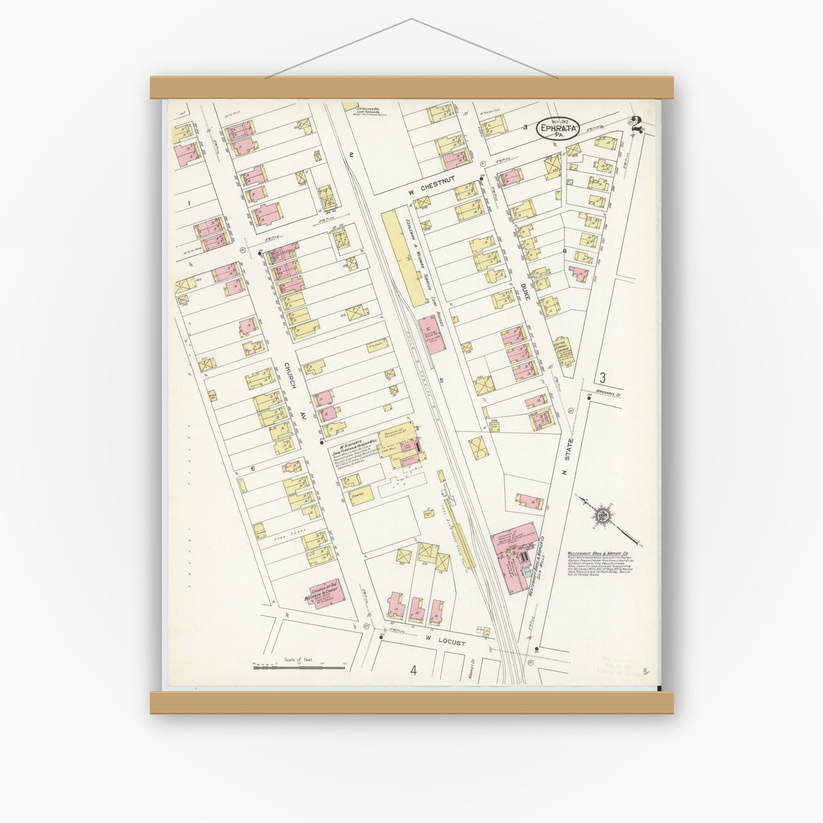 Old map wall art mockup — magnetic wood frame on white wall — Sanborn Fire Insurance Map from Ephrata, Lancaster County, Pennsylvania (1912), Sheet #0002