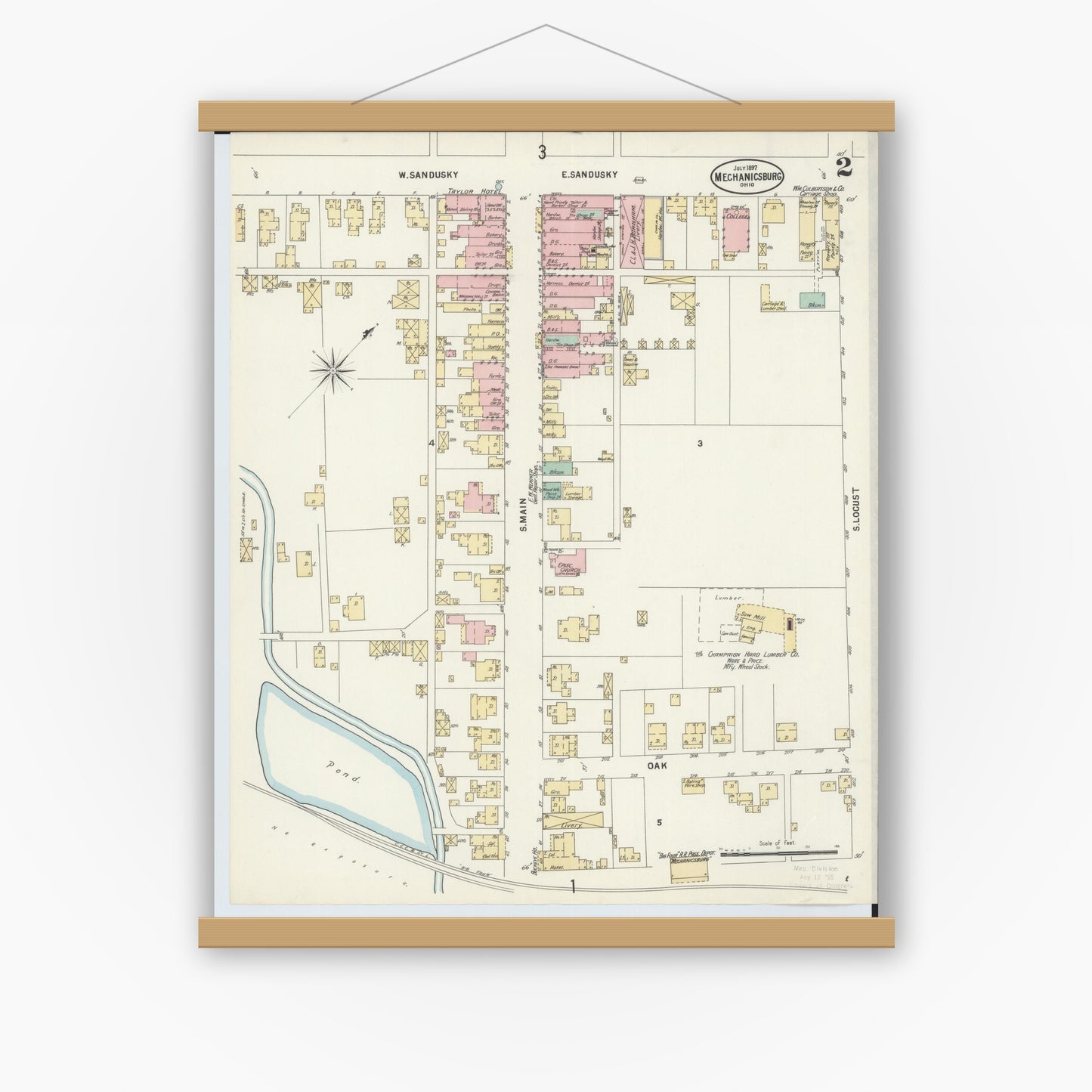 Old map wall art mockup — magnetic wood frame on white wall — Sanborn Fire Insurance Map from Mechanicsburg, Champaign County, Ohio (1897), Sheet #0002