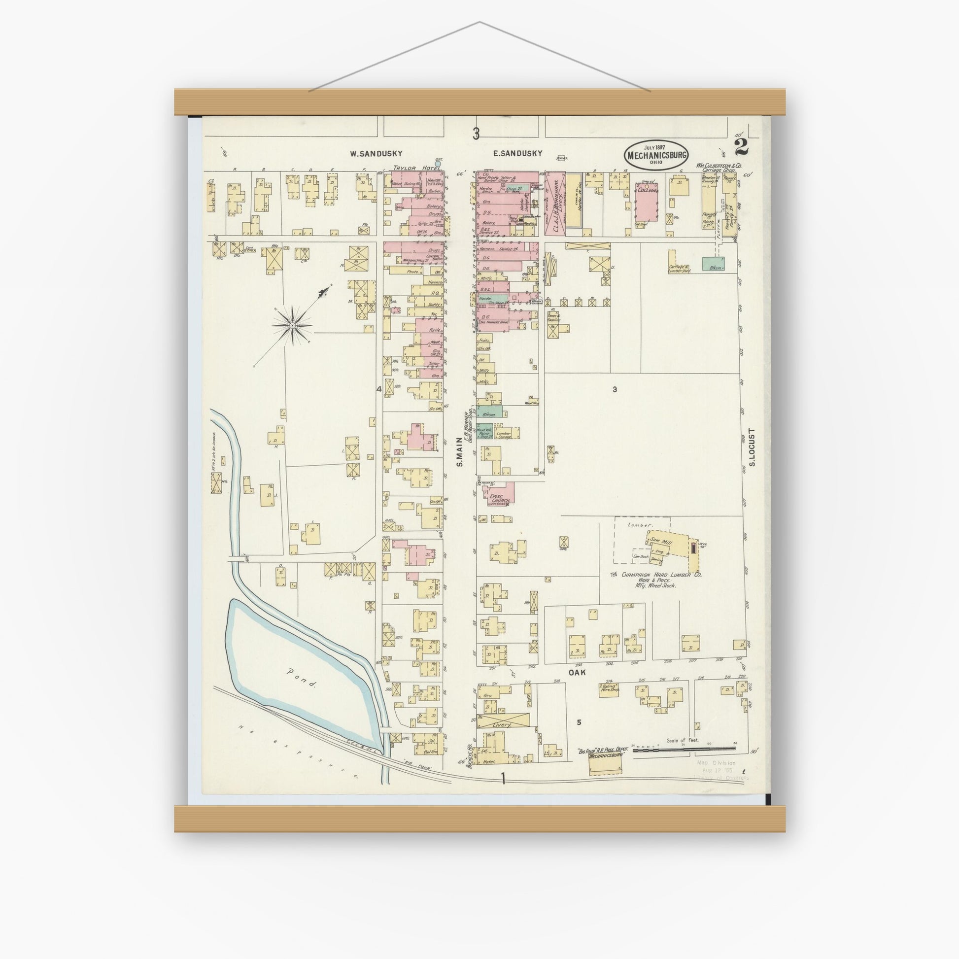 Old map wall art mockup — magnetic wood frame on white wall — Sanborn Fire Insurance Map from Mechanicsburg, Champaign County, Ohio (1897), Sheet #0002