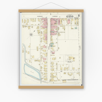Old map wall art mockup — magnetic wood frame on white wall — Sanborn Fire Insurance Map from Mechanicsburg, Champaign County, Ohio (1897), Sheet #0002