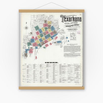 Old map wall art mockup — magnetic wood frame on white wall — Sanborn Fire Insurance Map from Texarkana, Bowie County, Texas (1909) - Complete Map Set