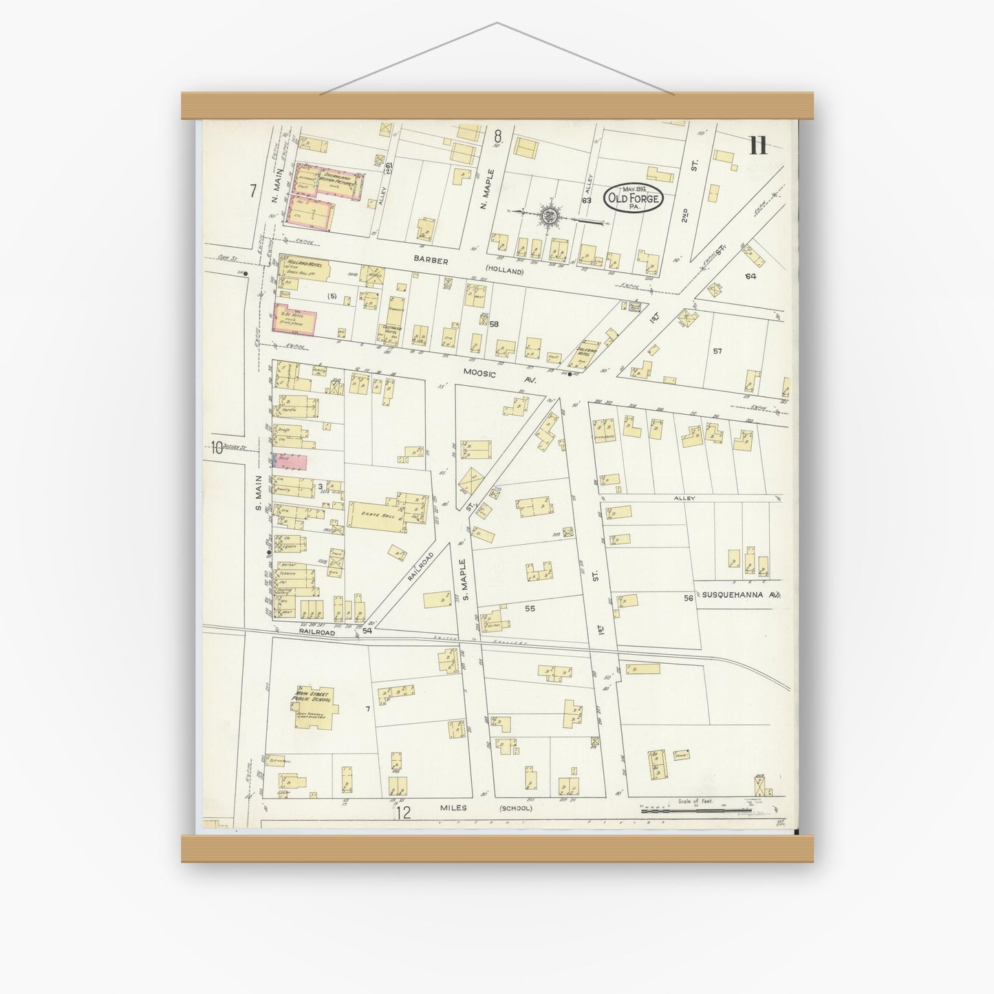 Old map wall art mockup — magnetic wood frame on white wall — Sanborn Fire Insurance Map from Old Forge, Lackawanna County, Pennsylvania (1914), Sheet #0011