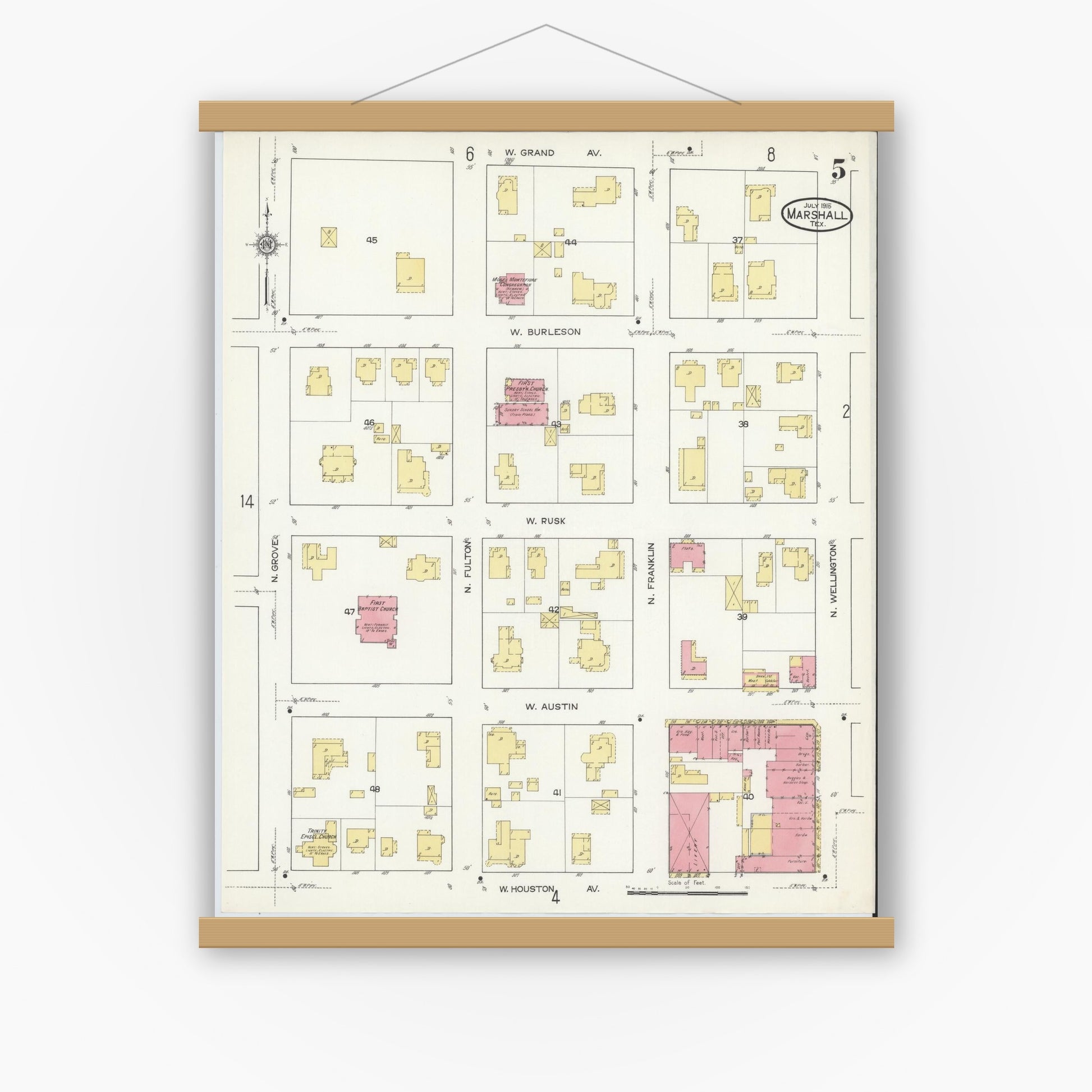 Old map wall art mockup — magnetic wood frame on white wall — Sanborn Fire Insurance Map from Marshall, Harrison County, Texas (1915), Sheet #0005