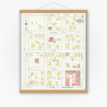 Old map wall art mockup — magnetic wood frame on white wall — Sanborn Fire Insurance Map from Marshall, Harrison County, Texas (1915), Sheet #0005