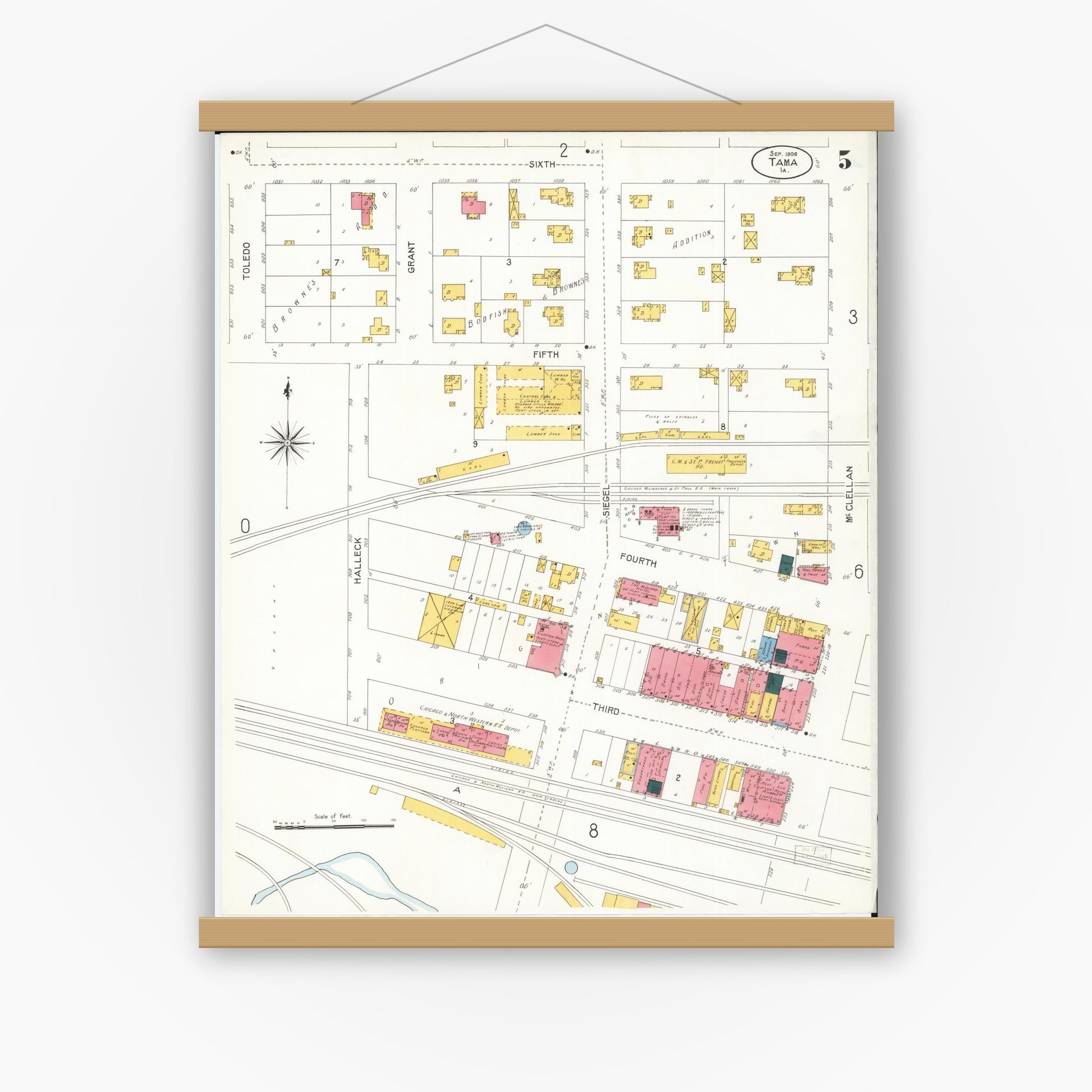 Old map wall art mockup — magnetic wood frame on white wall — Sanborn Fire Insurance Map from Tama, Tama County, Iowa (1906), Sheet #0005