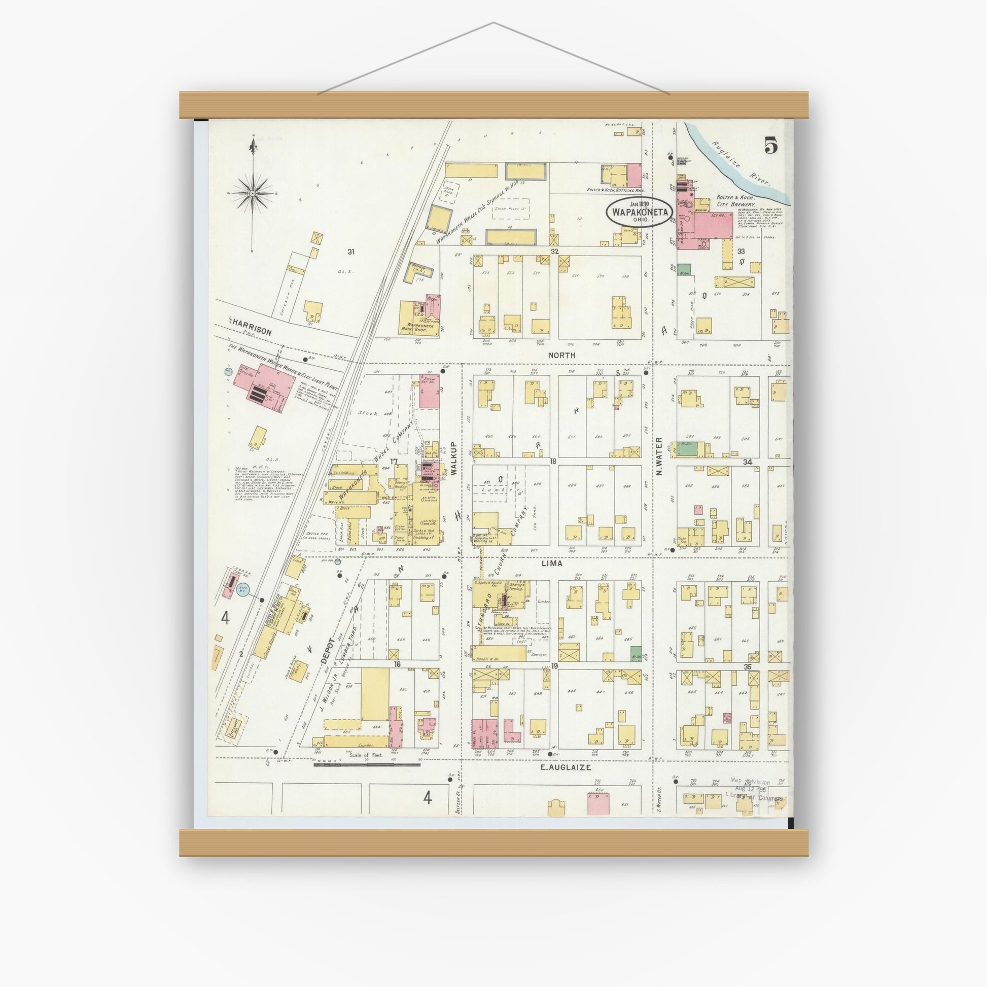 Old map wall art mockup — magnetic wood frame on white wall — Sanborn Fire Insurance Map from Wapakoneta, Auglaize County, Ohio (1899), Sheet #0005