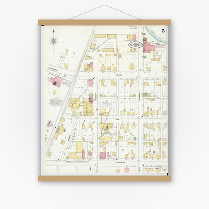 Old map wall art mockup — magnetic wood frame on white wall — Sanborn Fire Insurance Map from Wapakoneta, Auglaize County, Ohio (1899), Sheet #0005