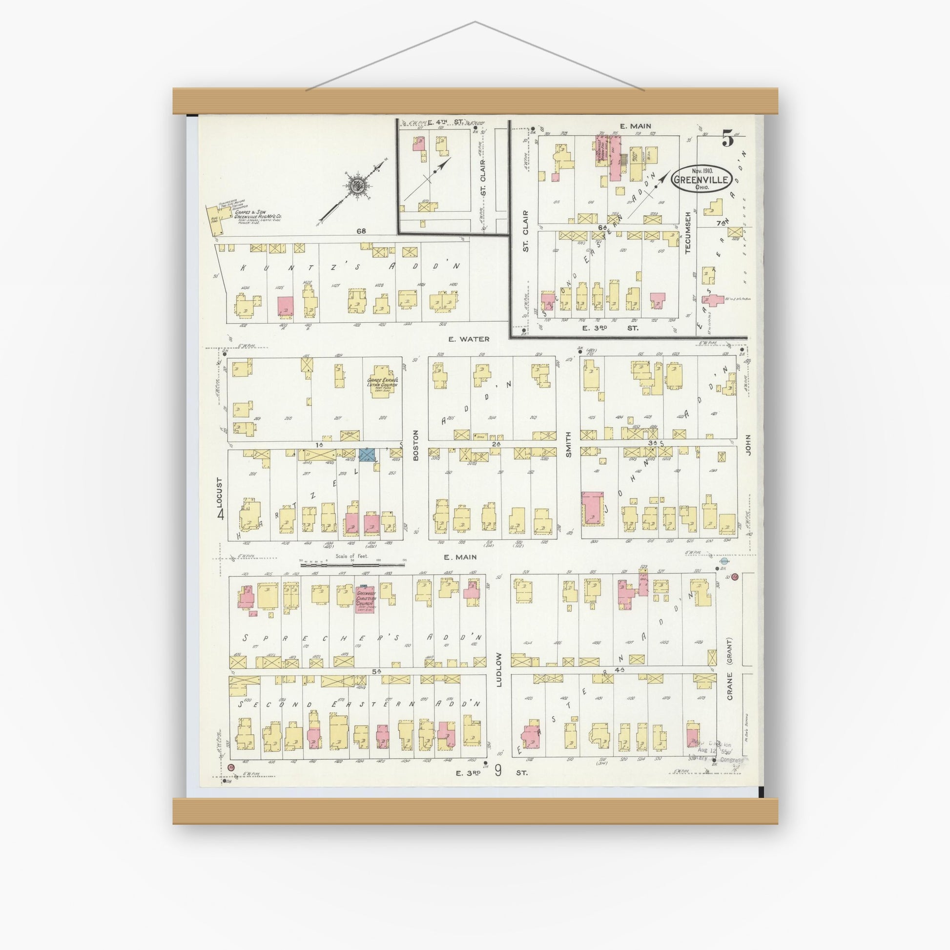 Old map wall art mockup — magnetic wood frame on white wall — Sanborn Fire Insurance Map from Greenville, Darke County, Ohio (1910), Sheet #0005