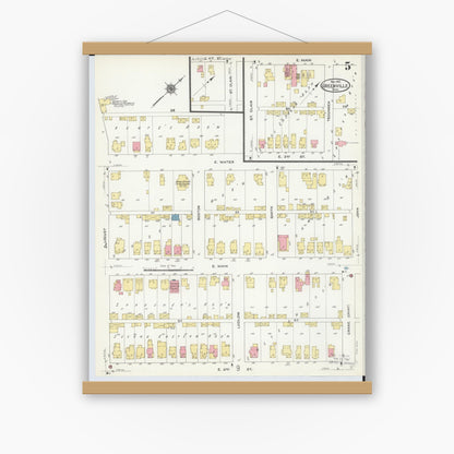Old map wall art mockup — magnetic wood frame on white wall — Sanborn Fire Insurance Map from Greenville, Darke County, Ohio (1910), Sheet #0005