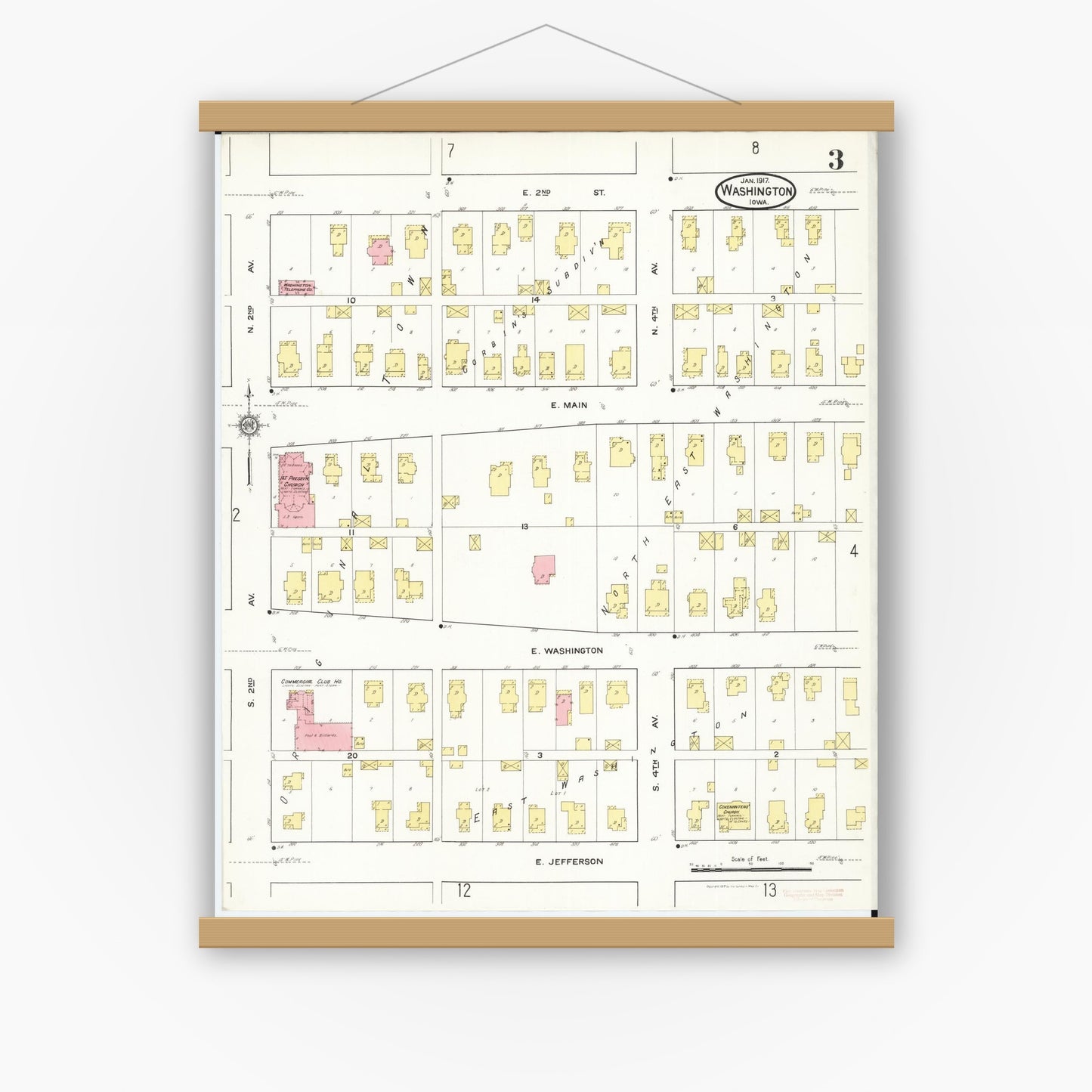 Old map wall art mockup — magnetic wood frame on white wall — Sanborn Fire Insurance Map from Washington, Washington County, Iowa (1917), Sheet #0003