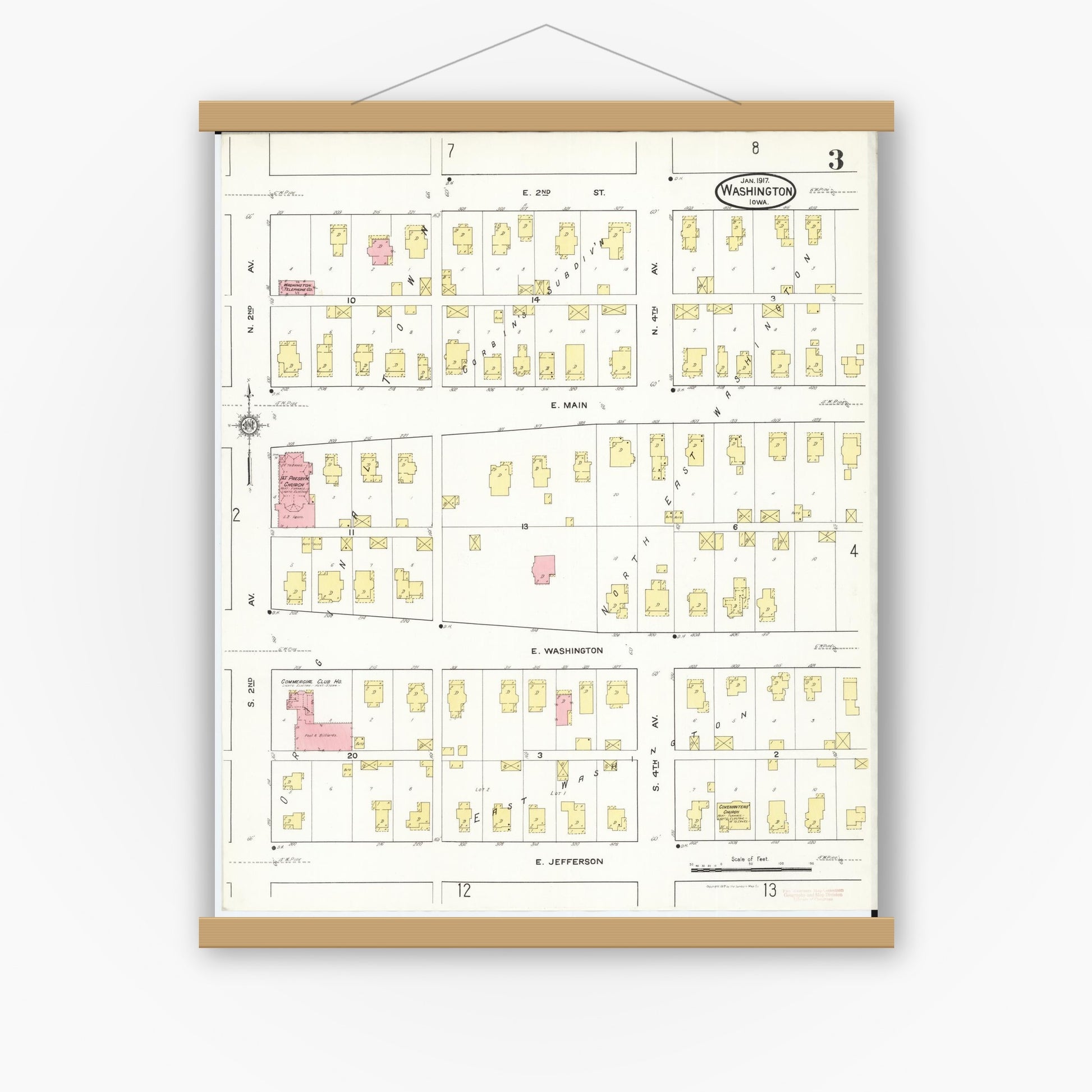 Old map wall art mockup — magnetic wood frame on white wall — Sanborn Fire Insurance Map from Washington, Washington County, Iowa (1917), Sheet #0003