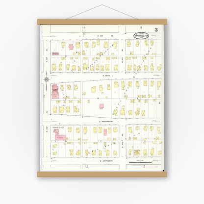Old map wall art mockup — magnetic wood frame on white wall — Sanborn Fire Insurance Map from Washington, Washington County, Iowa (1917), Sheet #0003