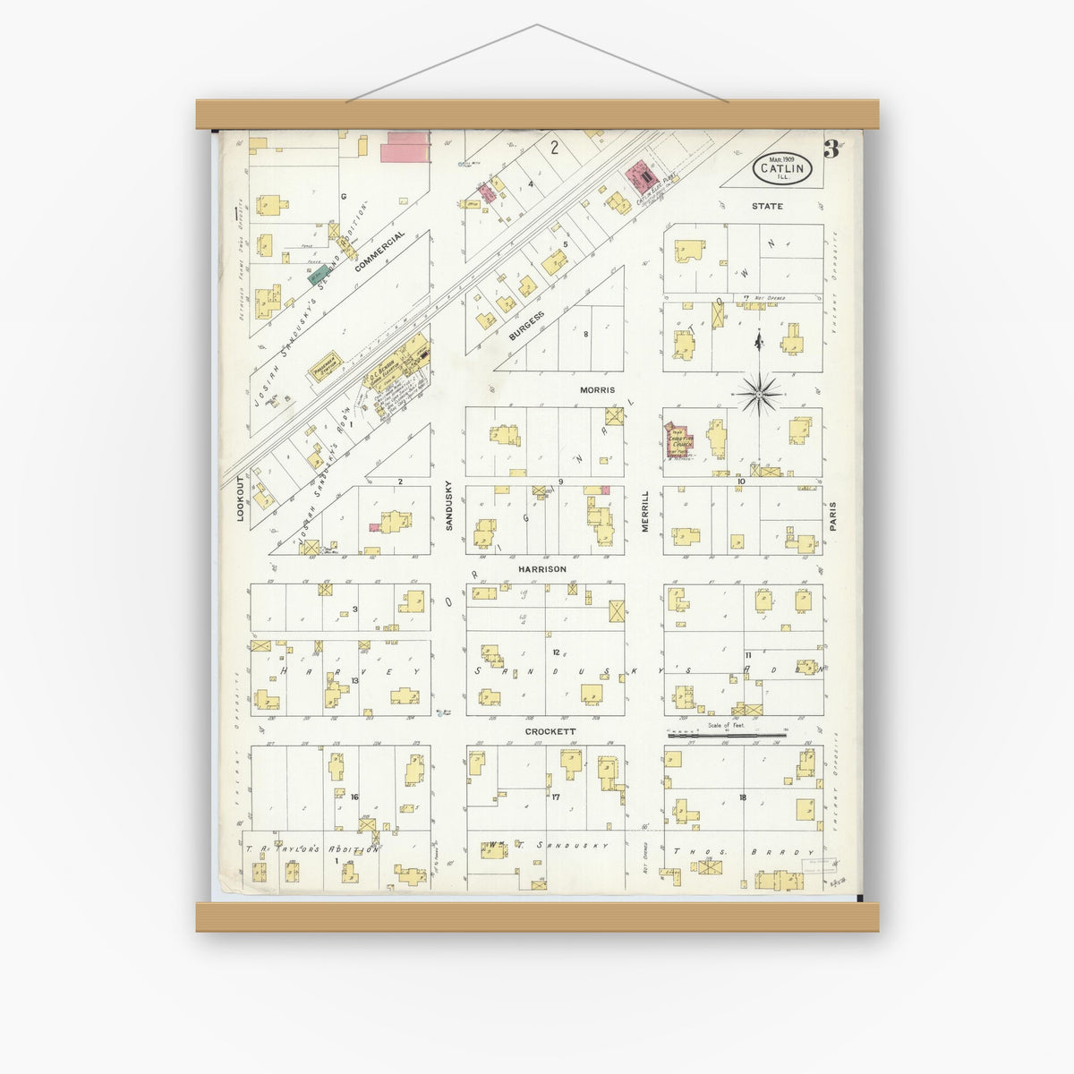Old map wall art mockup — magnetic wood frame on white wall — Sanborn Fire Insurance Map from Catlin, Vermilion County, Illinois (1909), Sheet #0003