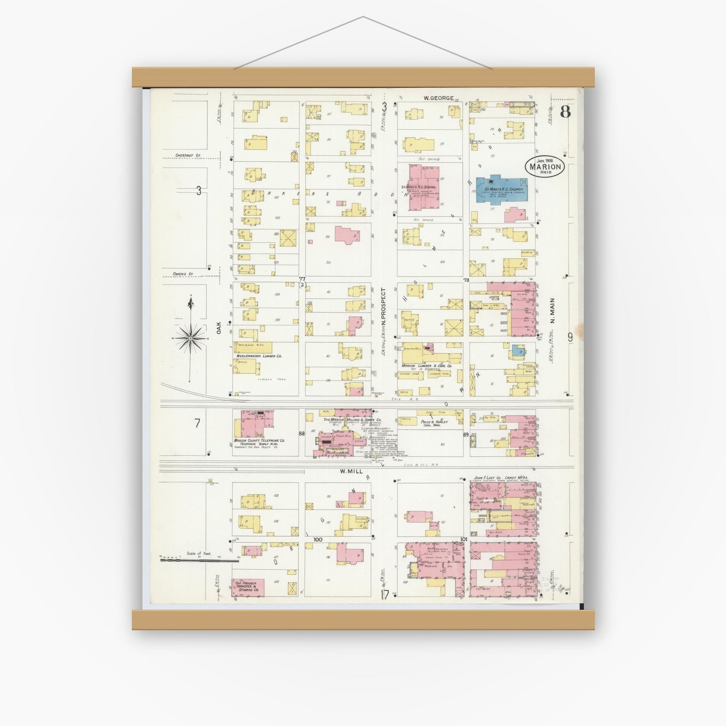 Old map wall art mockup — magnetic wood frame on white wall — Sanborn Fire Insurance Map from Marion, Marion County, Ohio (1908), Sheet #0008