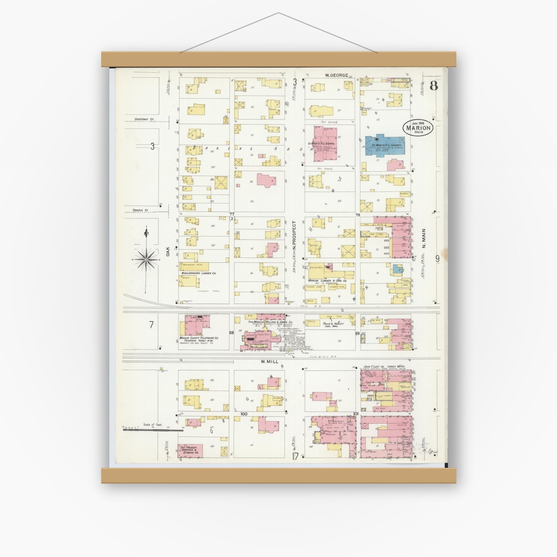 Old map wall art mockup — magnetic wood frame on white wall — Sanborn Fire Insurance Map from Marion, Marion County, Ohio (1908), Sheet #0008
