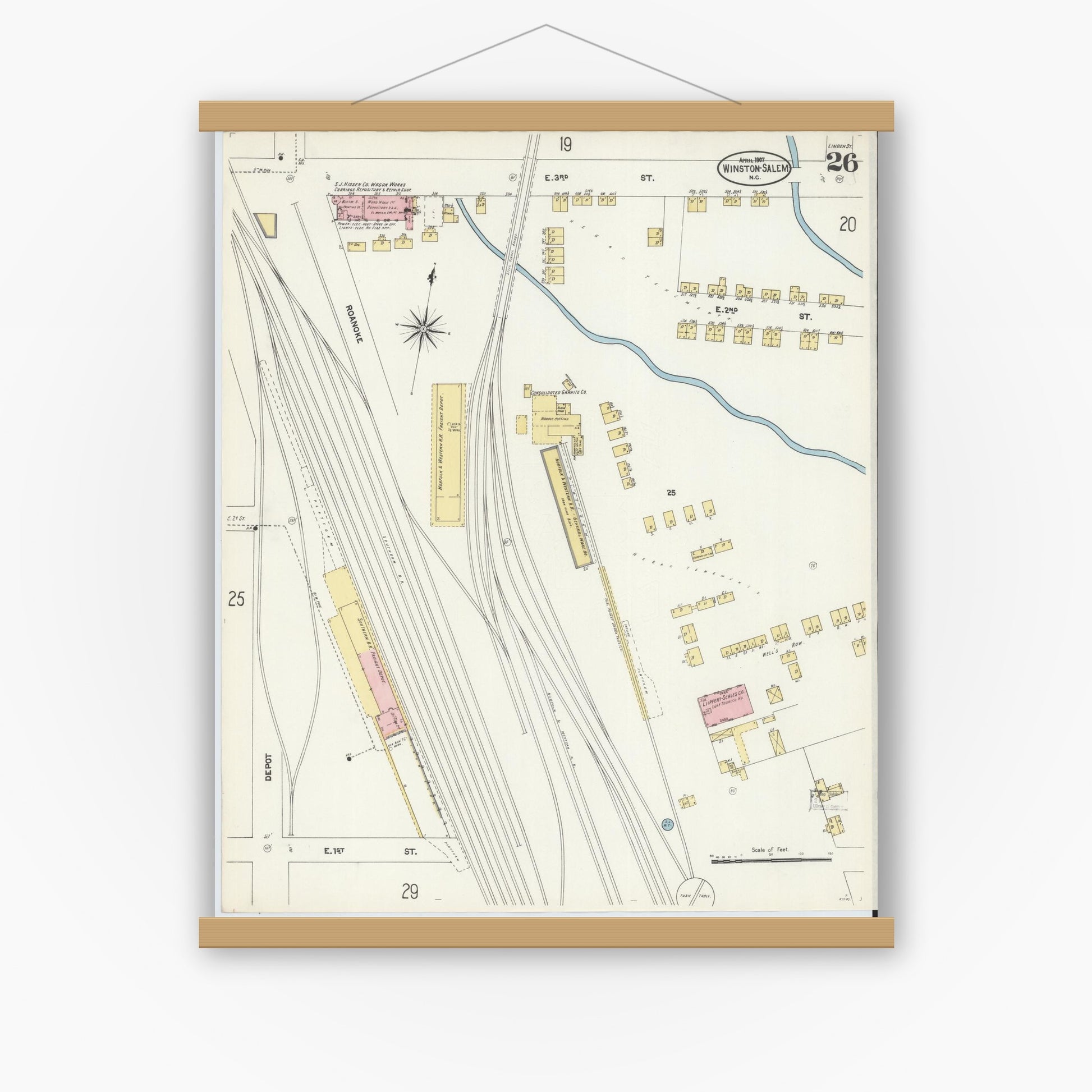 Old map wall art mockup — magnetic wood frame on white wall — Sanborn Fire Insurance Map from Winston-Salem, Forsyth County, North Carolina (1907), Sheet #0026