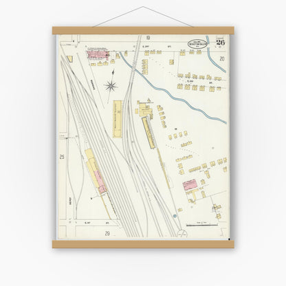 Old map wall art mockup — magnetic wood frame on white wall — Sanborn Fire Insurance Map from Winston-Salem, Forsyth County, North Carolina (1907), Sheet #0026