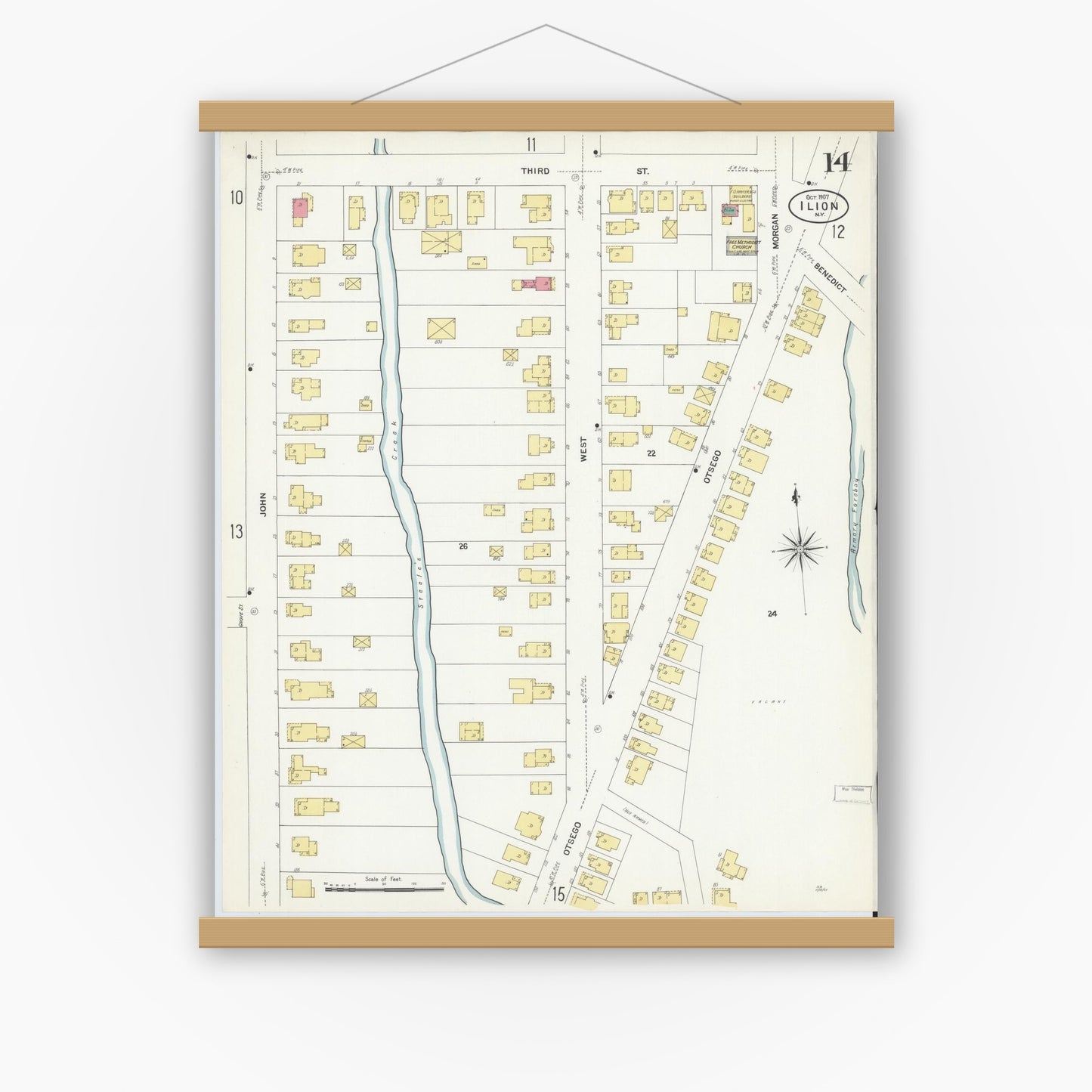 Old map wall art mockup — magnetic wood frame on white wall — Sanborn Fire Insurance Map from Ilion, Herkimer County, New York (1907), Sheet #0014