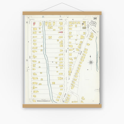 Old map wall art mockup — magnetic wood frame on white wall — Sanborn Fire Insurance Map from Ilion, Herkimer County, New York (1907), Sheet #0014