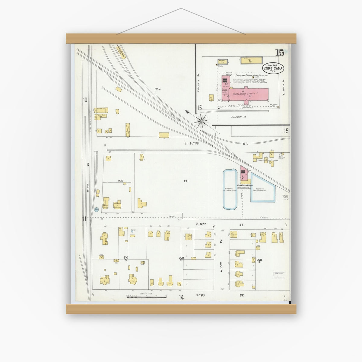 Old map wall art mockup — magnetic wood frame on white wall — Sanborn Fire Insurance Map from Corsicana, Navarro County, Texas (1905), Sheet #0015