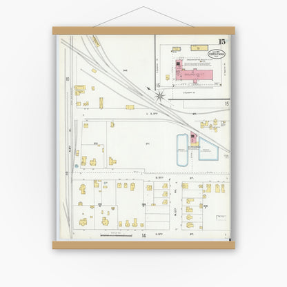 Old map wall art mockup — magnetic wood frame on white wall — Sanborn Fire Insurance Map from Corsicana, Navarro County, Texas (1905), Sheet #0015