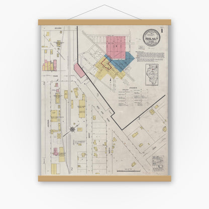 Old map wall art mockup — magnetic wood frame on white wall — Sanborn Fire Insurance Map from Walnut, Bureau County, Illinois (1921) - Complete Map Set