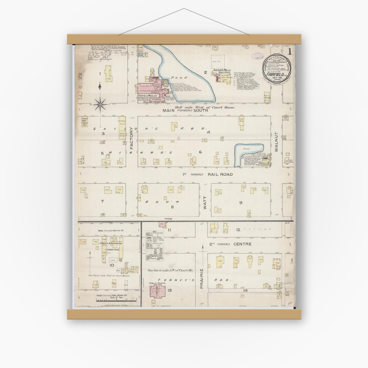 Old map wall art mockup — magnetic wood frame on white wall — Sanborn Fire Insurance Map from Fairfield, Wayne County, Illinois (1886), Sheet #0001