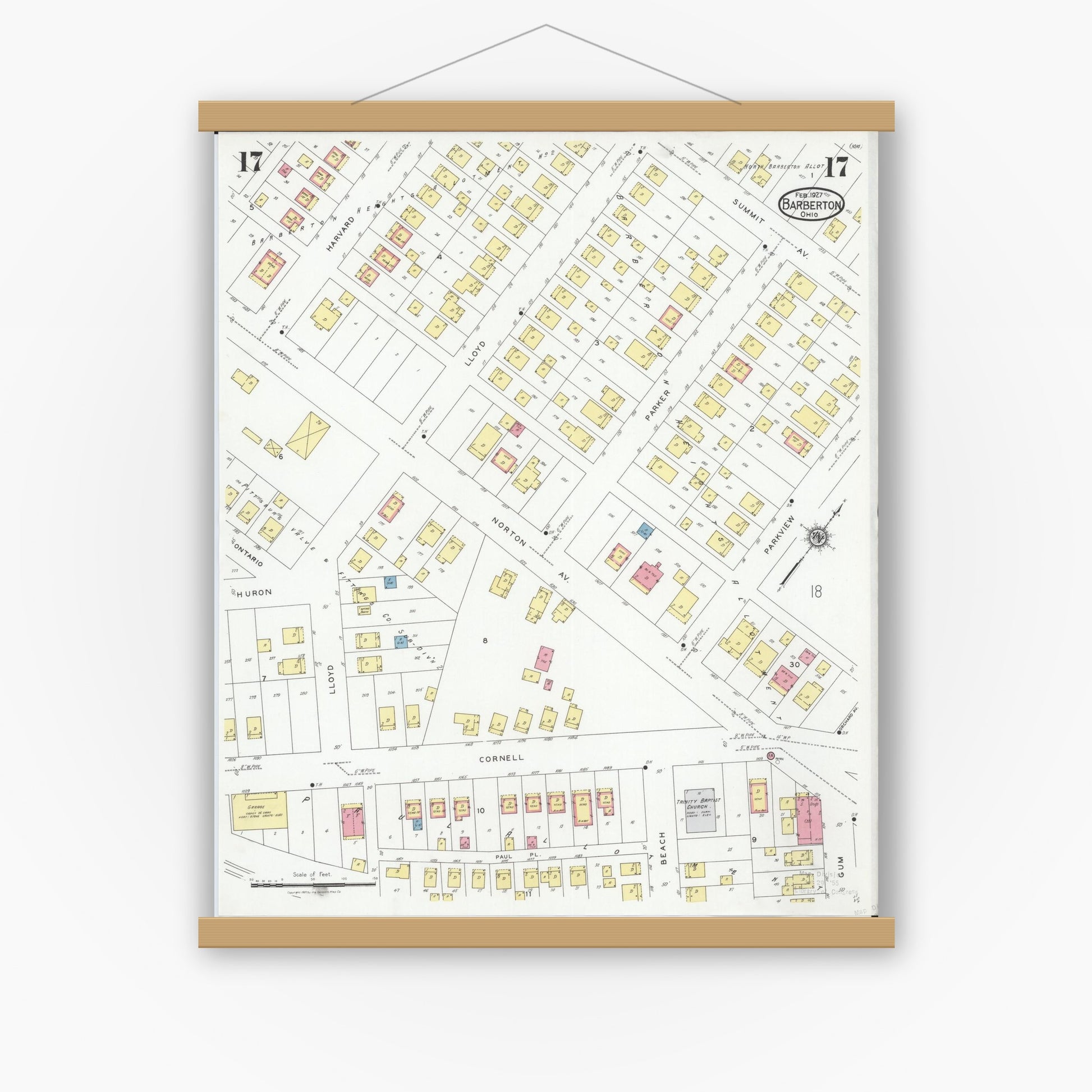 Old map wall art mockup — magnetic wood frame on white wall — Sanborn Fire Insurance Map from Barberton, Summit County, Ohio (1927), Sheet #0017