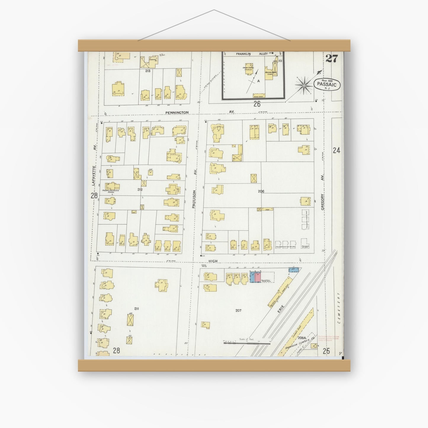 Old map wall art mockup — magnetic wood frame on white wall — Sanborn Fire Insurance Map from Passaic, Passaic County, New Jersey (1899), Sheet #0027