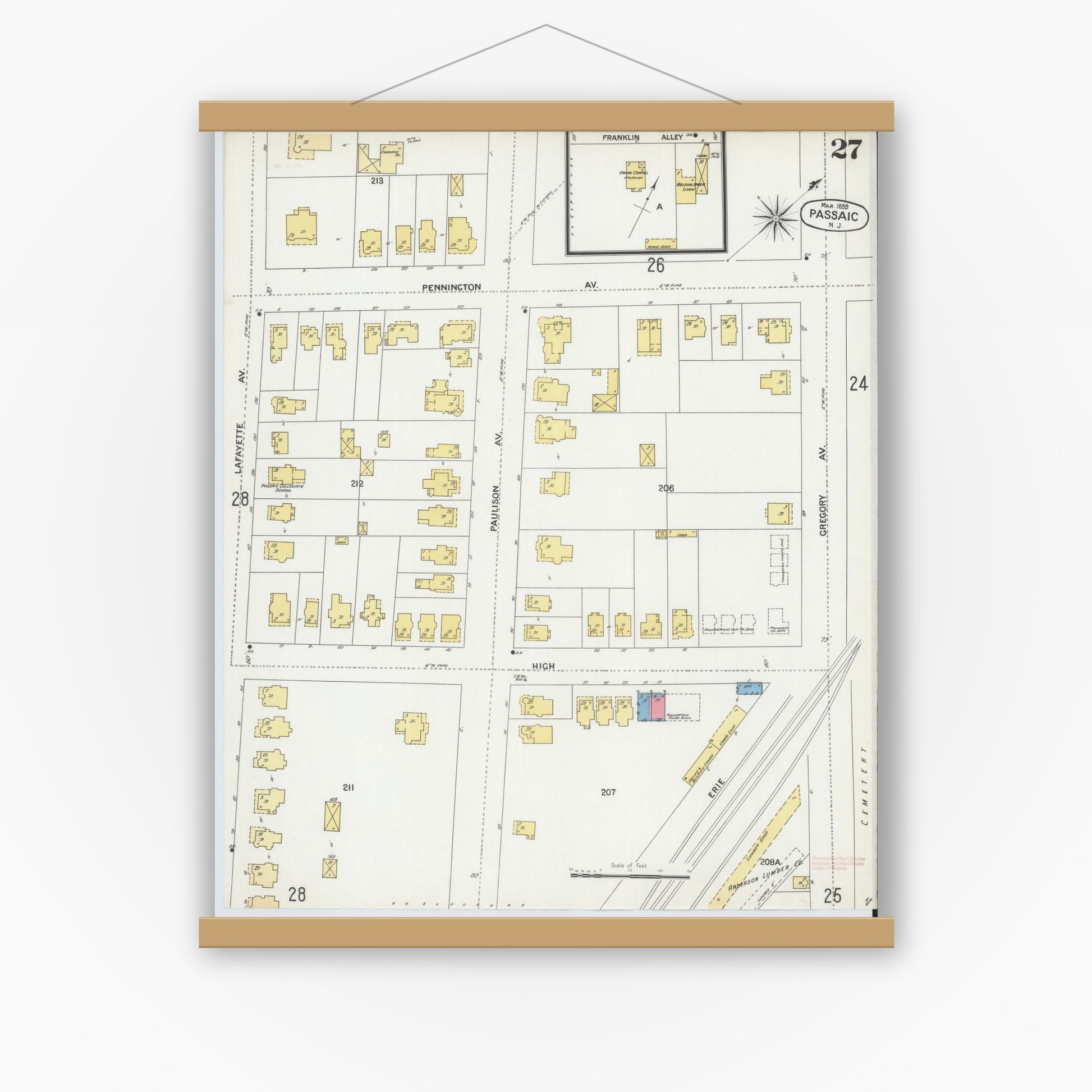 Old map wall art mockup — magnetic wood frame on white wall — Sanborn Fire Insurance Map from Passaic, Passaic County, New Jersey (1899), Sheet #0027