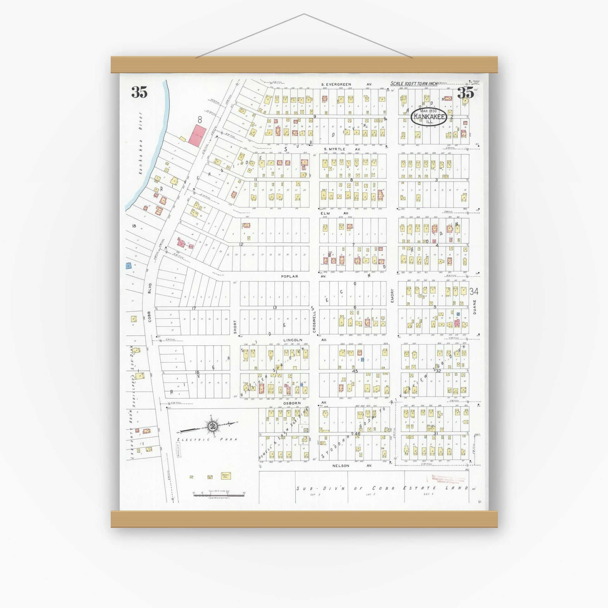 Old map wall art mockup — magnetic wood frame on white wall — Sanborn Fire Insurance Map from Kankakee, Kankakee County, Illinois (1930), Sheet #0035