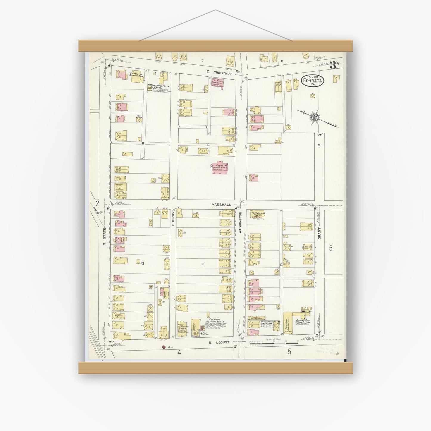 Old map wall art mockup — magnetic wood frame on white wall — Sanborn Fire Insurance Map from Ephrata, Lancaster County, Pennsylvania (1912), Sheet #0003
