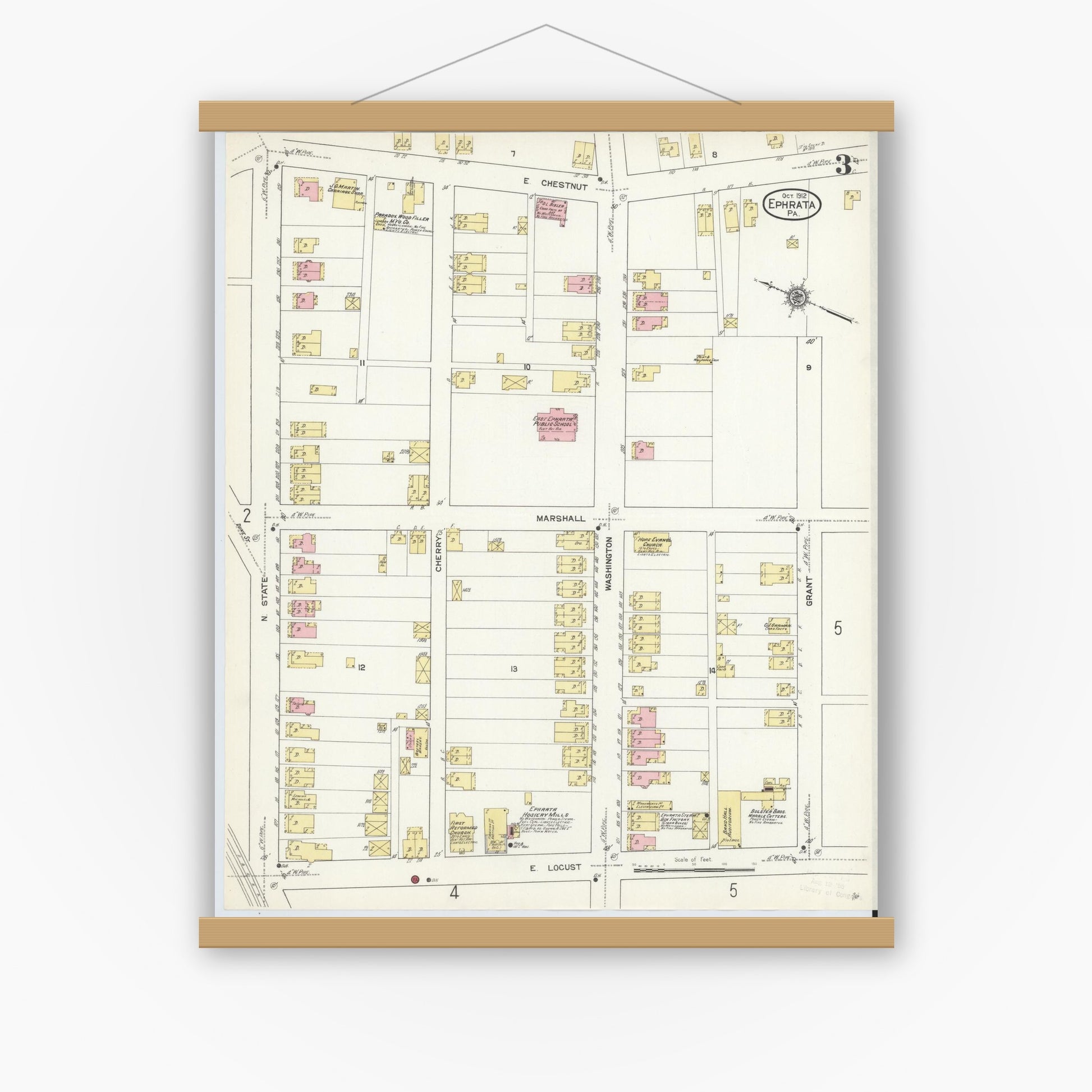 Old map wall art mockup — magnetic wood frame on white wall — Sanborn Fire Insurance Map from Ephrata, Lancaster County, Pennsylvania (1912), Sheet #0003