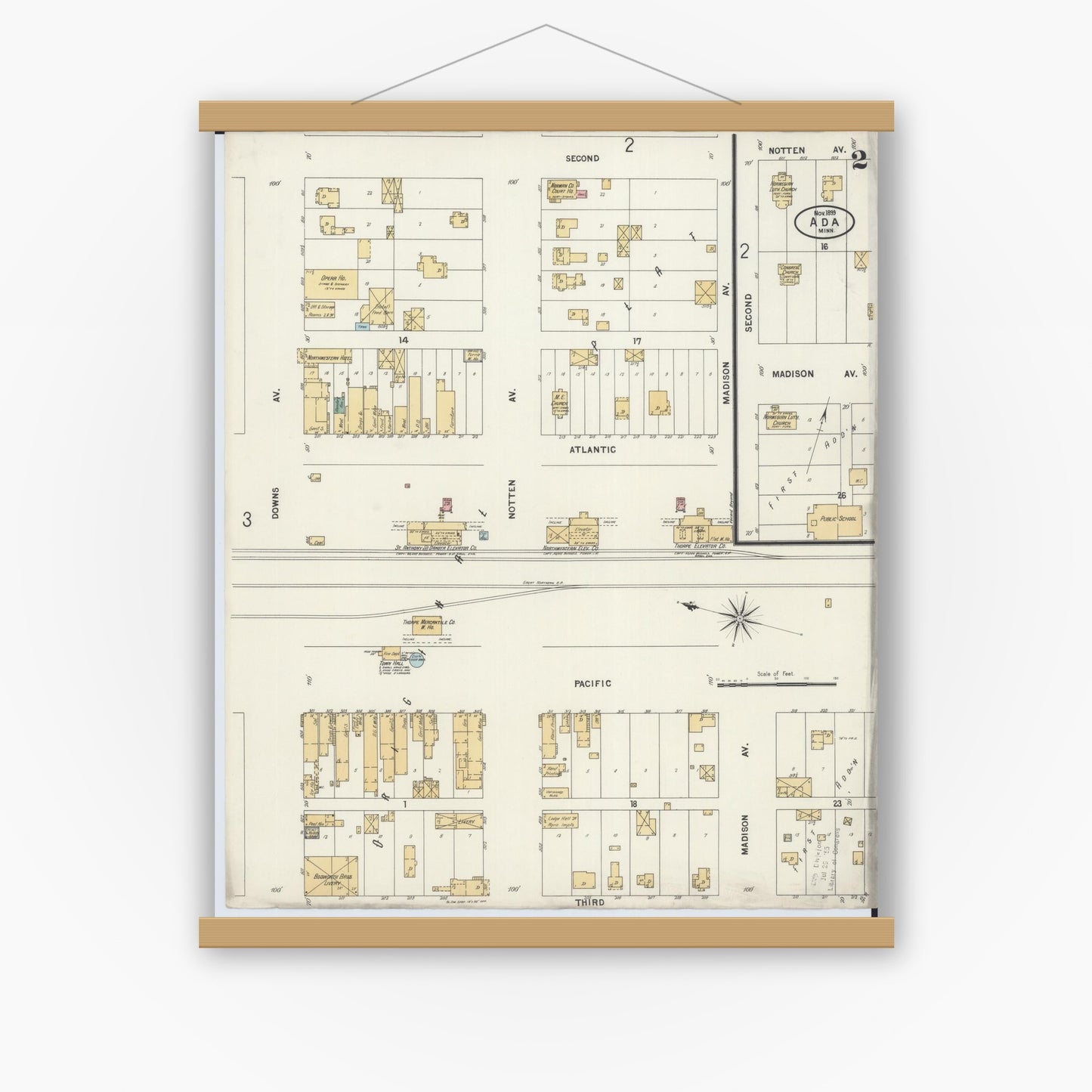 Old map wall art mockup — magnetic wood frame on white wall — Sanborn Fire Insurance Map from Ada, Norman County, Minnesota (1899), Sheet #0002