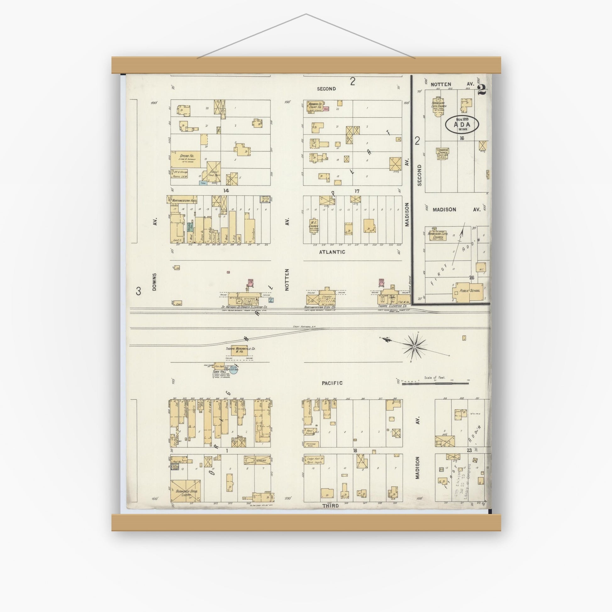 Old map wall art mockup — magnetic wood frame on white wall — Sanborn Fire Insurance Map from Ada, Norman County, Minnesota (1899), Sheet #0002