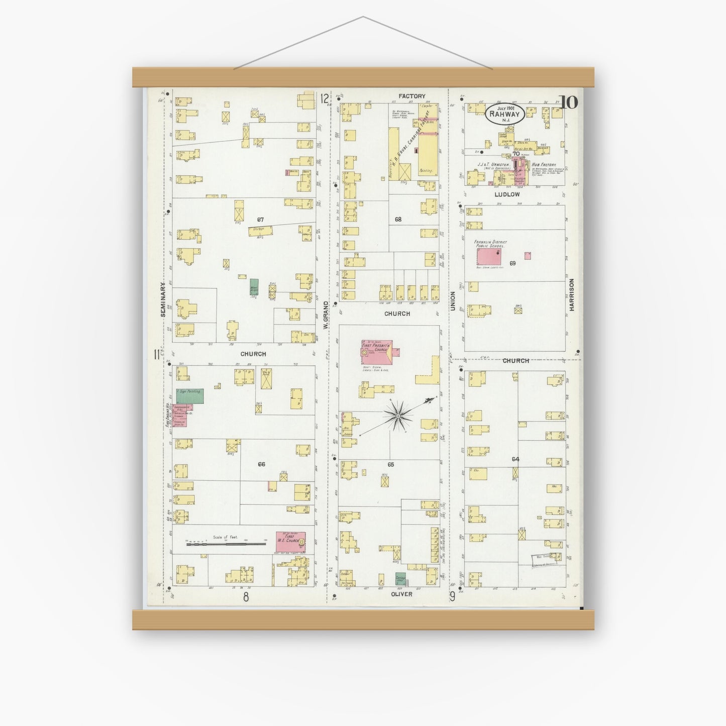Old map wall art mockup — magnetic wood frame on white wall — Sanborn Fire Insurance Map from Rahway, Union County, New Jersey (1901), Sheet #0010