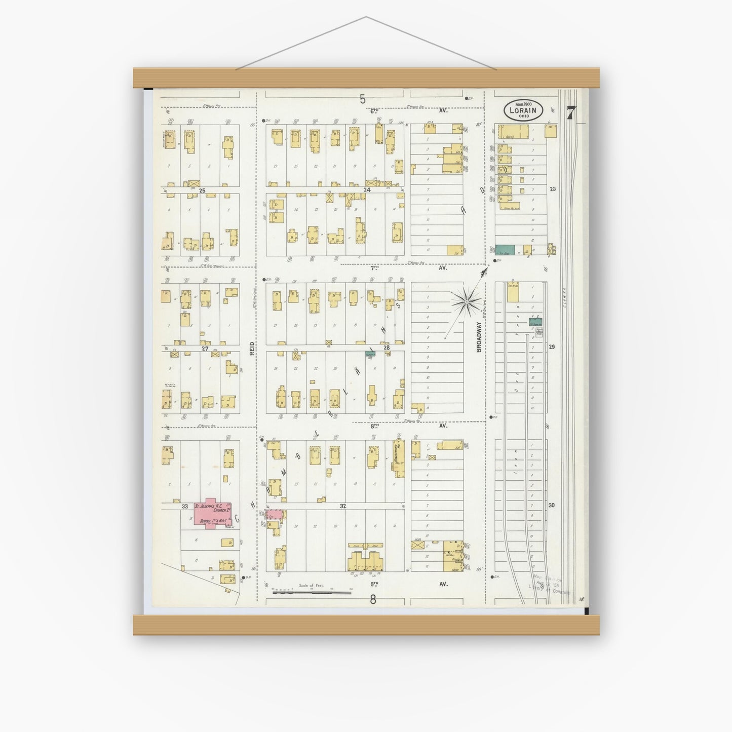 Old map wall art mockup — magnetic wood frame on white wall — Sanborn Fire Insurance Map from Lorain, Lorain County, Ohio (1900), Sheet #0007