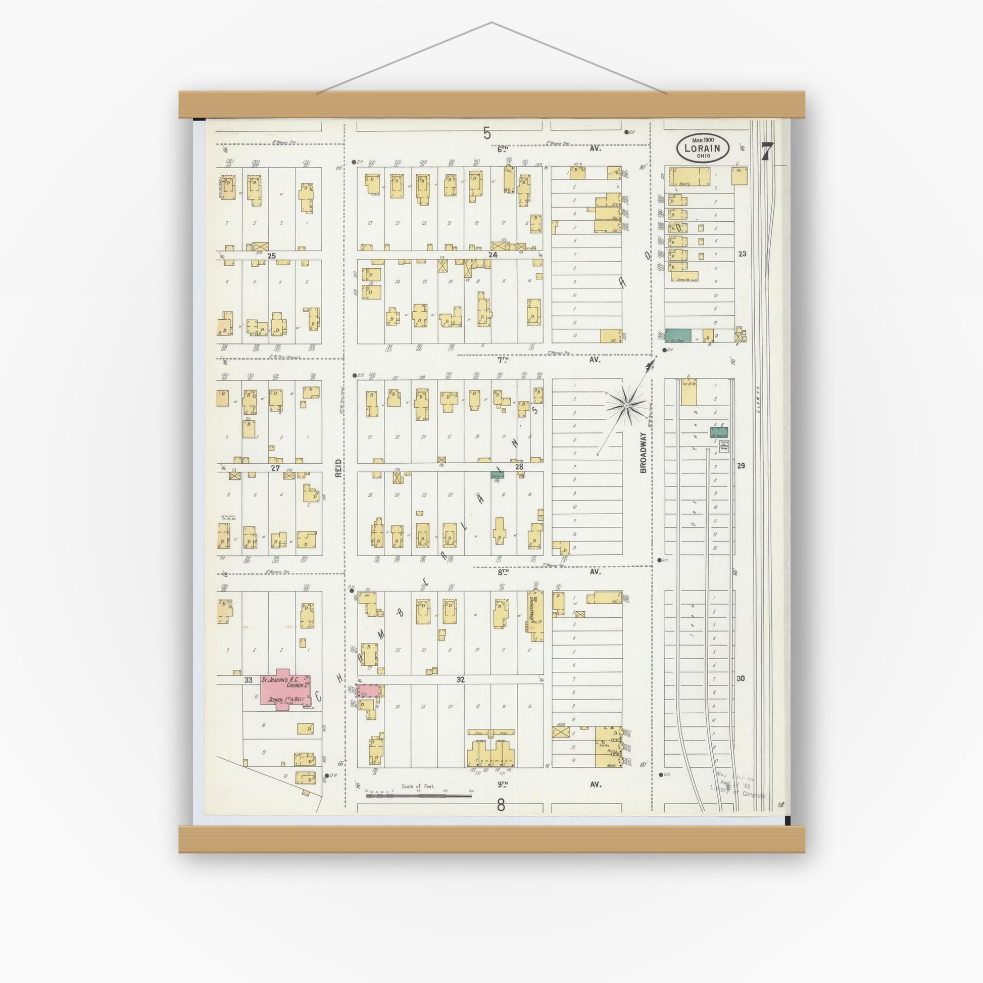 Old map wall art mockup — magnetic wood frame on white wall — Sanborn Fire Insurance Map from Lorain, Lorain County, Ohio (1900), Sheet #0007