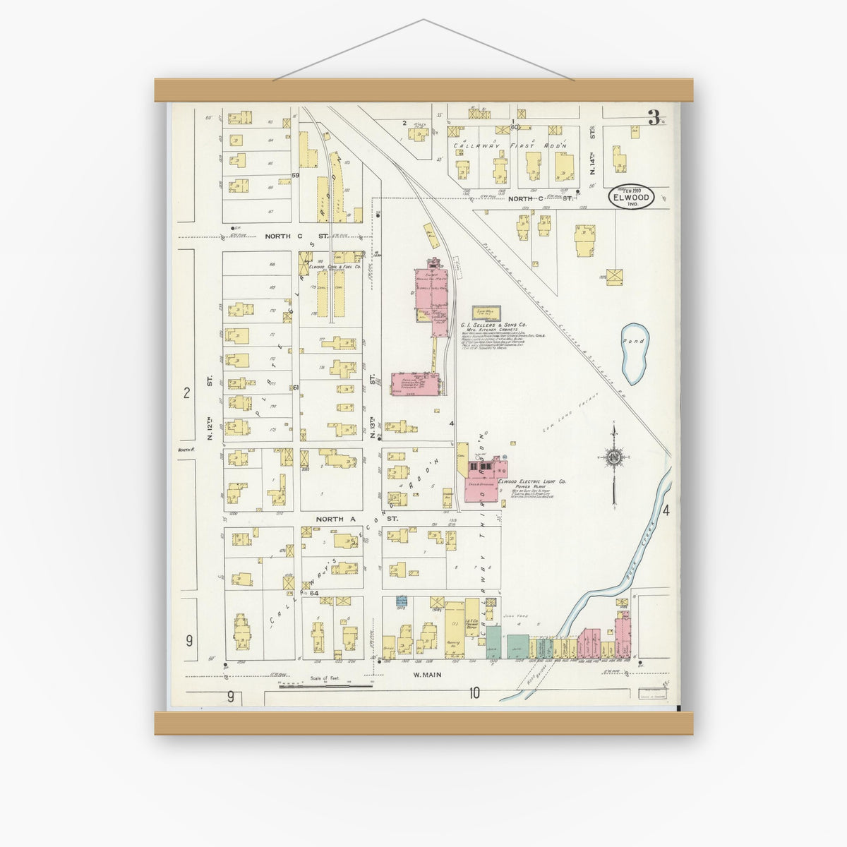 Old map wall art mockup — magnetic wood frame on white wall — Sanborn Fire Insurance Map from Elwood, Madison County, Indiana (1910), Sheet #0003