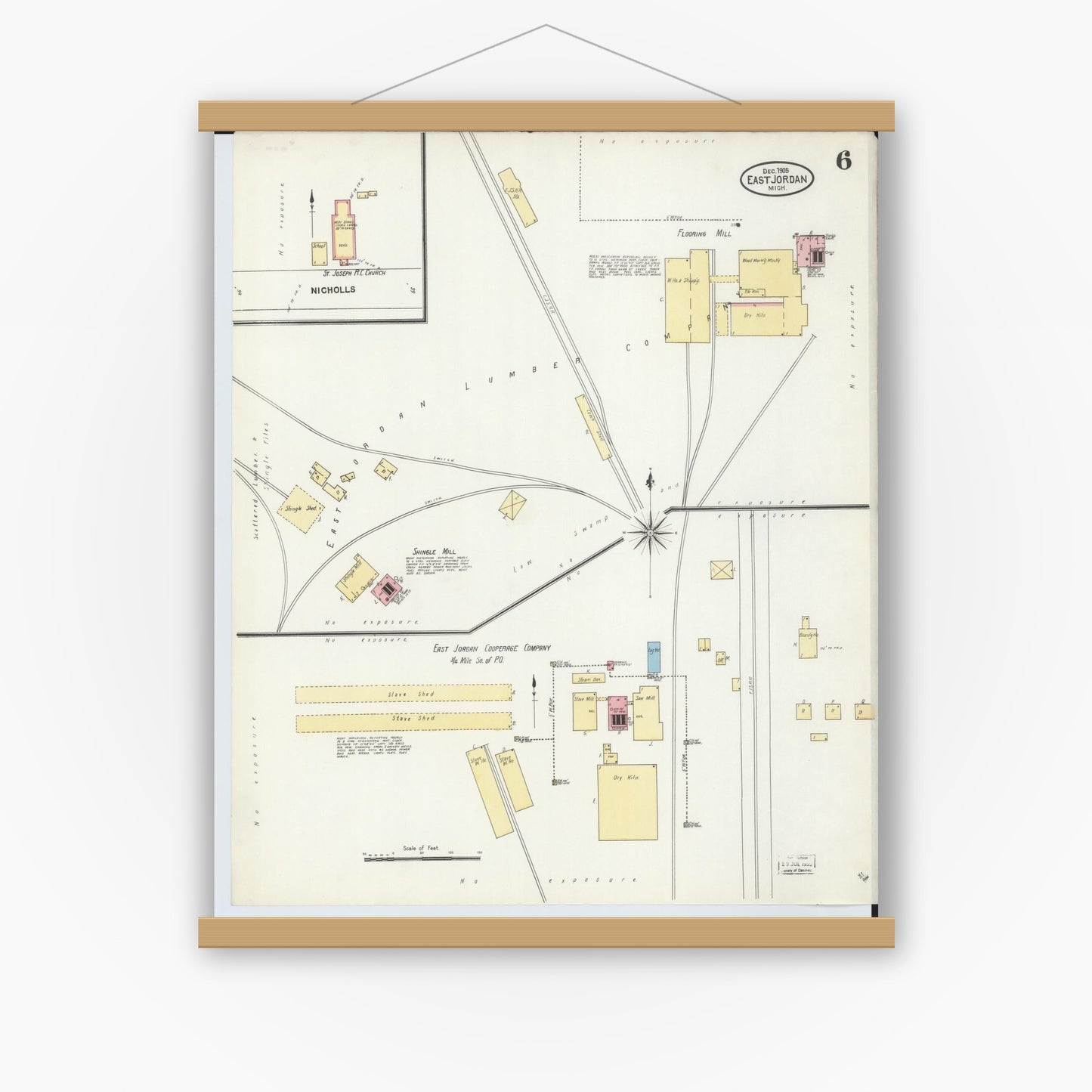 Old map wall art mockup — magnetic wood frame on white wall — Sanborn Fire Insurance Map from East Jordan, Charlevoix County, Michigan (1905), Sheet #0006