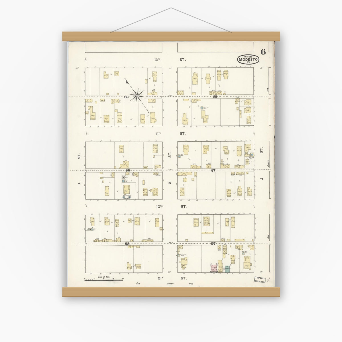 Old map wall art mockup — magnetic wood frame on white wall — Sanborn Fire Insurance Map from Modesto, Stanislaus County, California (1888), Sheet #0006