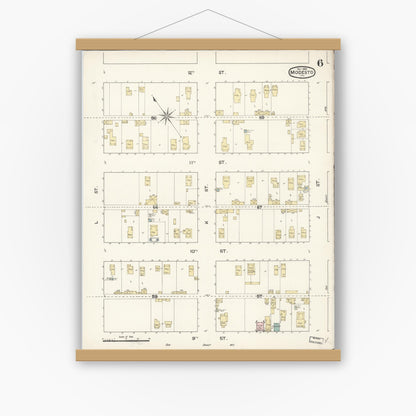 Old map wall art mockup — magnetic wood frame on white wall — Sanborn Fire Insurance Map from Modesto, Stanislaus County, California (1888), Sheet #0006