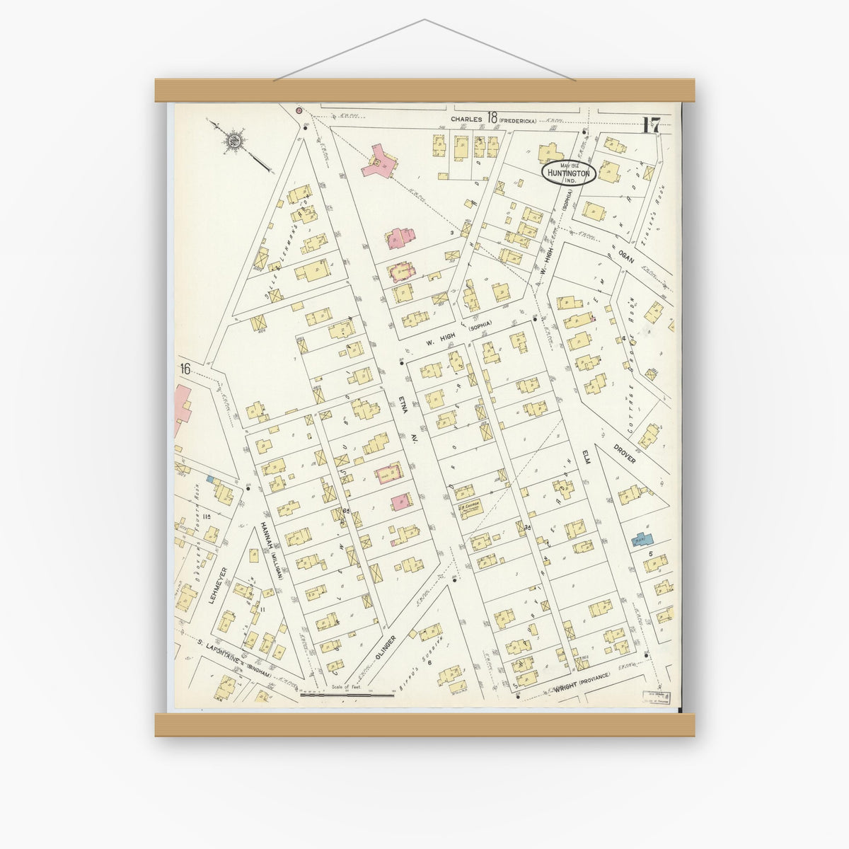 Old map wall art mockup — magnetic wood frame on white wall — Sanborn Fire Insurance Map from Huntington, Huntington County, Indiana (1912), Sheet #0017